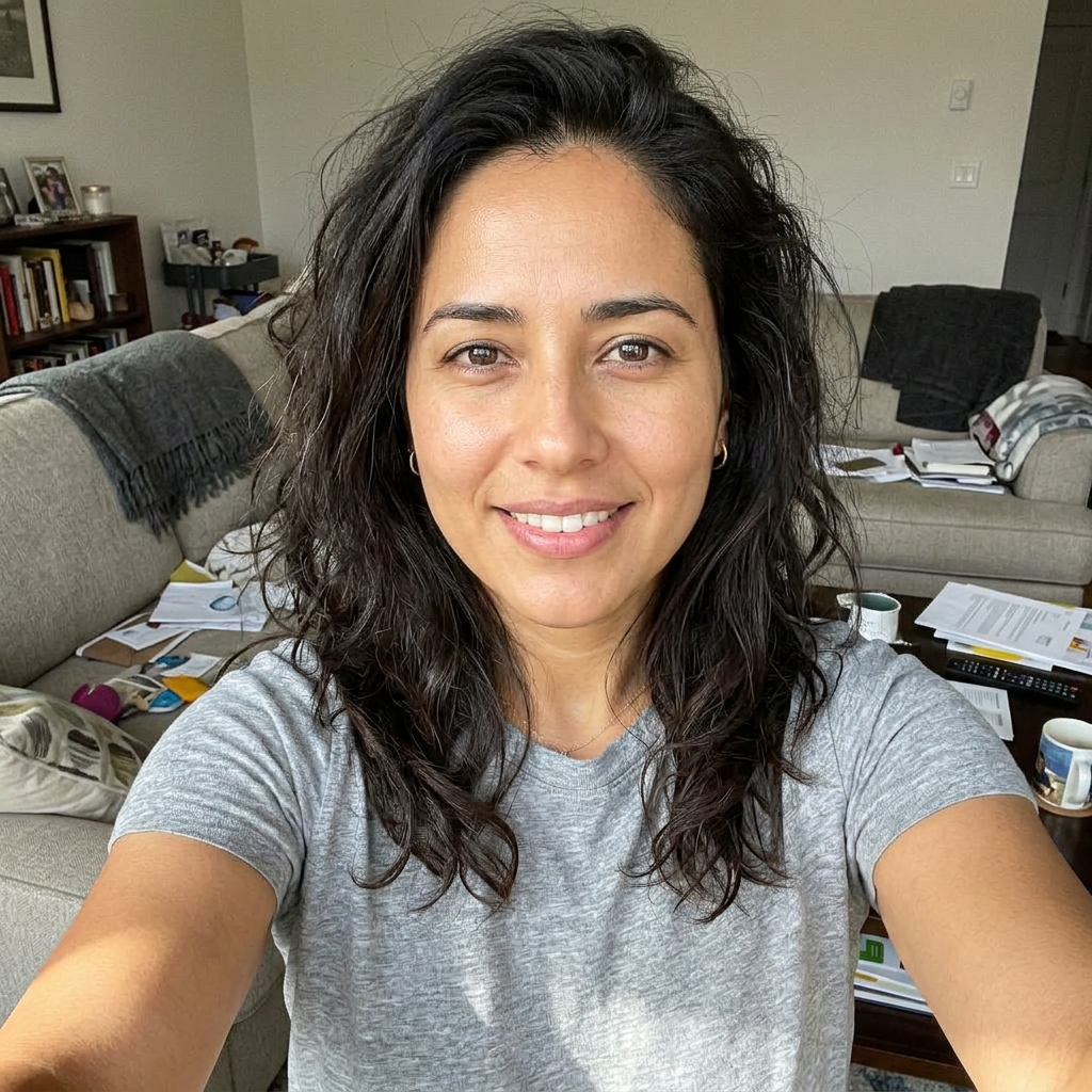 Selfie casual da mesma pessoa tirada em casa antes da transformação